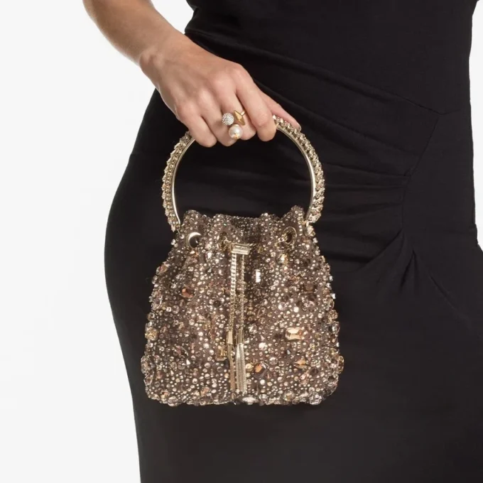 Bon Bon Tan metallic kristallen mesh handtas met kristallen handvat Bon Bon Tan metallic kristallen mesh handtas met kristallen handvat