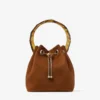 Bon Bon Tan suède bucket bag met kralensluiting en schildpadkleurig handvat Bon Bon Tan suède bucket bag met kralensluiting en schildpadkleurig handvat