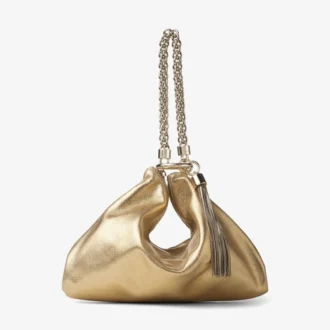 Callie gouden metallic leren clutch met kettingriem