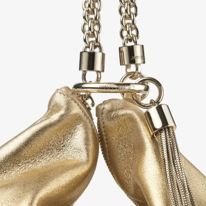 Callie gouden metallic leren clutch met kettingriem