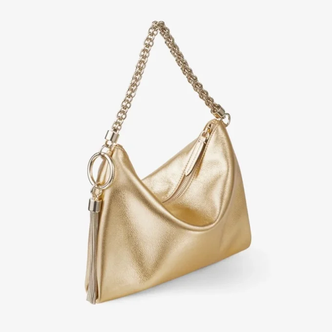 Callie gouden metallic leren clutch met kettingriem