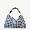 Callie Maxi marineblauwe mix van geruite raffia schoudertas met afneembare geweven nappalederen riem Callie Maxi marineblauwe mix van geruite raffia schoudertas met afneembare geweven nappalederen riem