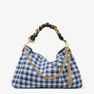Callie Maxi marineblauwe mix van geruite raffia schoudertas met afneembare geweven nappalederen riem