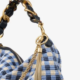 Callie Maxi marineblauwe mix van geruite raffia schoudertas met afneembare geweven nappalederen riem