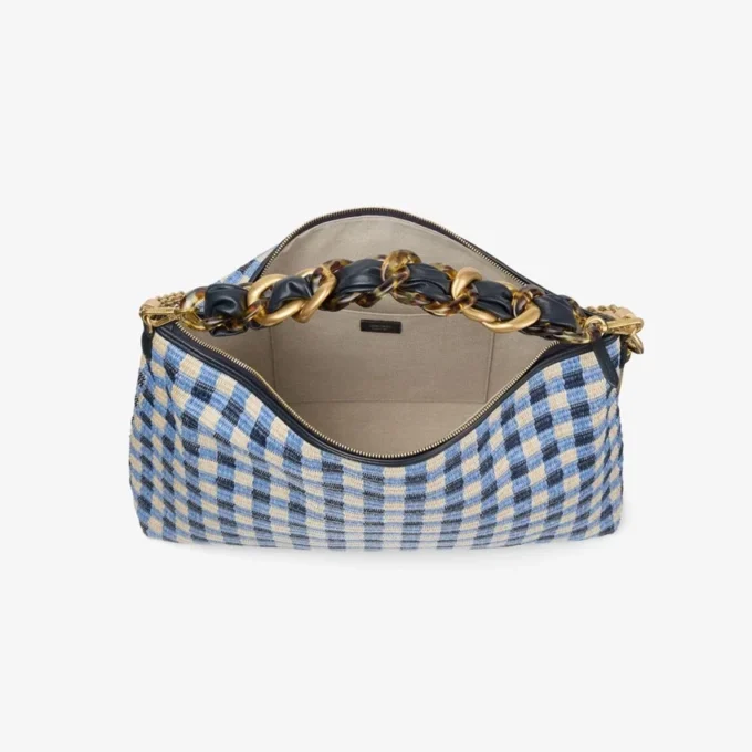 Callie Maxi marineblauwe mix van geruite raffia schoudertas met afneembare geweven nappalederen riem Callie Maxi marineblauwe mix van geruite raffia schoudertas met afneembare geweven nappalederen riem