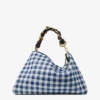 Callie Maxi marineblauwe mix van geruite raffia schoudertas met afneembare geweven nappalederen riem Callie Maxi marineblauwe mix van geruite raffia schoudertas met afneembare geweven nappalederen riem
