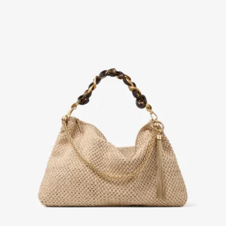 Callie Maxi schoudertas van naturel en koffiekleurig raffia met afneembare geweven nappalederen riem