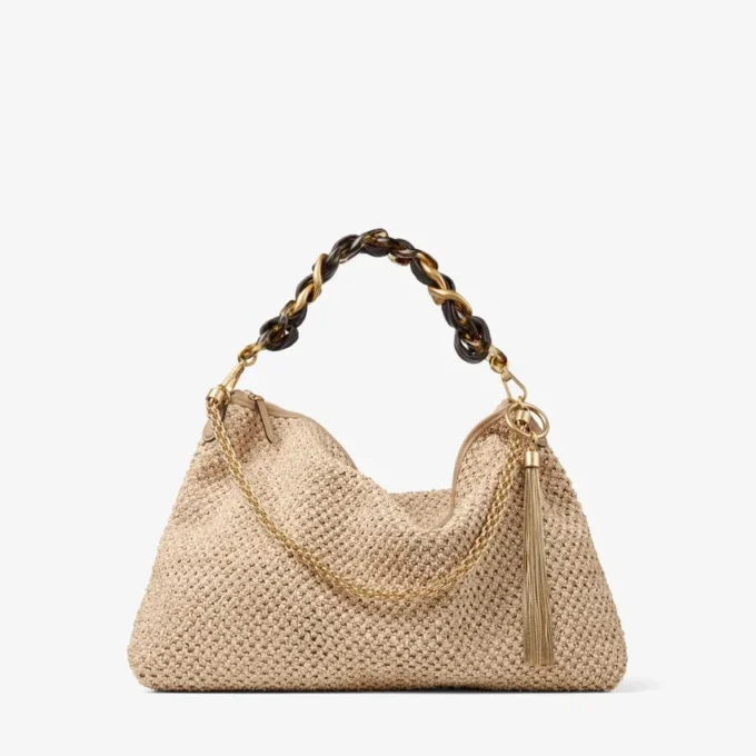 Callie Maxi schoudertas van naturel en koffiekleurig raffia met afneembare geweven nappalederen riem