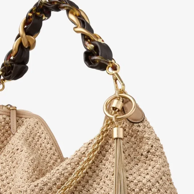 Callie Maxi schoudertas van naturel en koffiekleurig raffia met afneembare geweven nappalederen riem