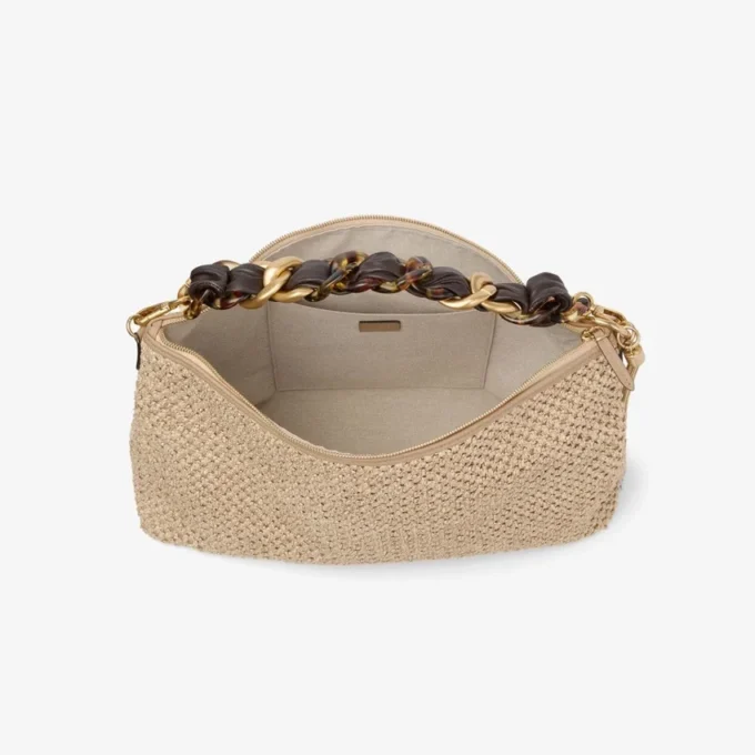 Callie Maxi schoudertas van naturel en koffiekleurig raffia met afneembare geweven nappalederen riem
