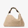 Callie Maxi schoudertas van naturel en koffiekleurig raffia met afneembare geweven nappalederen riem
