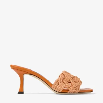Chara 70 Sunset Orange muiltjes van gehaakt raffia en nappaleer