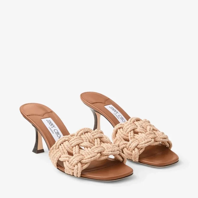 Chara 70 Tan leren en gehaakte raffia muilsandaal Chara 70 Tan leren en gehaakte raffia muilsandaal