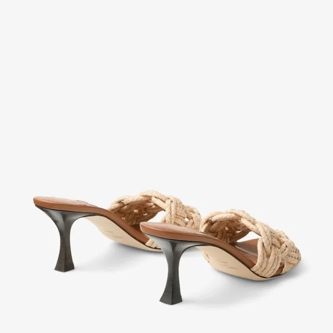 Chara 70 Tan leren en gehaakte raffia muilsandaal Chara 70 Tan leren en gehaakte raffia muilsandaal