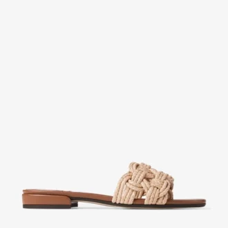 Chara Flat Tan leren en gehaakte raffia-slipper