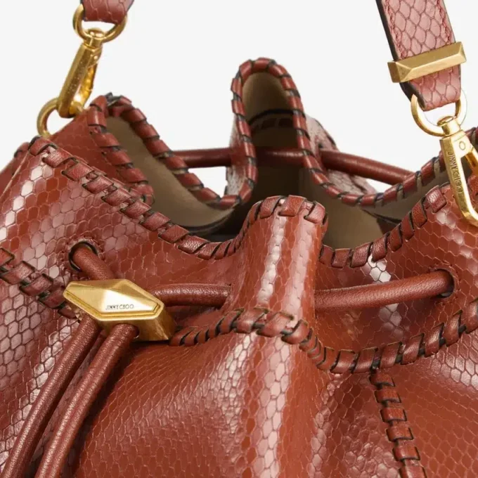 Cinch Medium Cognac Elaphe bedrukt leren schoudertas met biker-leren whipstitching