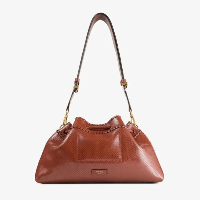 Cinch Medium Cognac Elaphe bedrukt leren schoudertas met biker-leren whipstitching