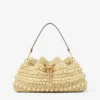 Cinch Medium natuurlijke en cappuccino raffia bucket bag met kralen en glad kalfsleer
