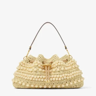 Cinch Medium natuurlijke en cappuccino raffia bucket bag met kralen en glad kalfsleer