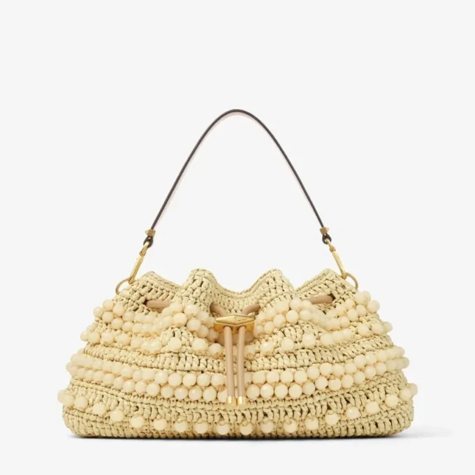 Cinch Medium natuurlijke en cappuccino raffia bucket bag met kralen en glad kalfsleer