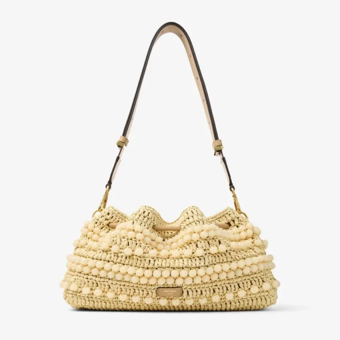 Cinch Medium natuurlijke en cappuccino raffia bucket bag met kralen en glad kalfsleer