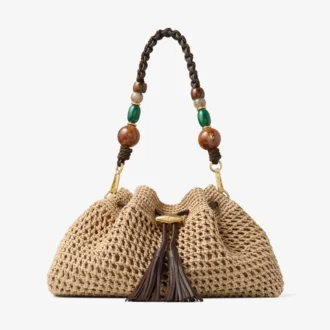 Cinch Medium natuurlijke en chocoladekleurige gehaakte raffia schoudertas met gevlochten riem