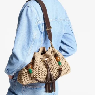 Cinch Medium natuurlijke en chocoladekleurige gehaakte raffia schoudertas met gevlochten riem