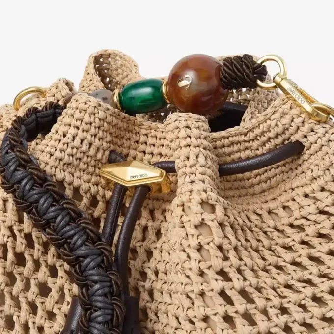Cinch Medium natuurlijke en chocoladekleurige gehaakte raffia schoudertas met gevlochten riem