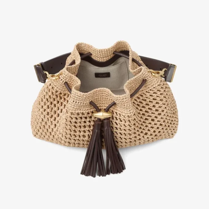 Cinch Medium natuurlijke en chocoladekleurige gehaakte raffia schoudertas met gevlochten riem