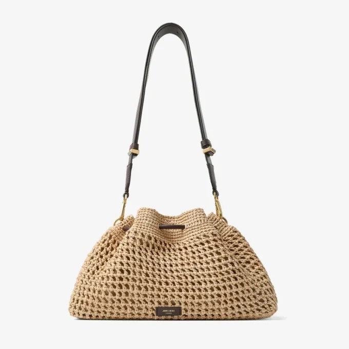 Cinch Medium natuurlijke en chocoladekleurige gehaakte raffia schoudertas met gevlochten riem