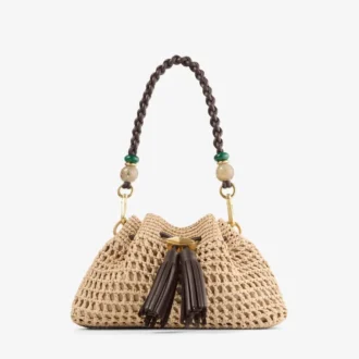 Cinch Small naturel en chocoladebruine gehaakte raffia schoudertas met gevlochten riem