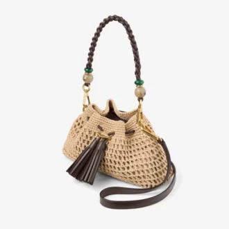 Cinch Small naturel en chocoladebruine gehaakte raffia schoudertas met gevlochten riem