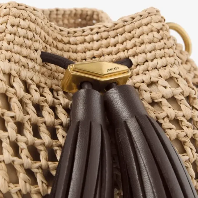 Cinch Small naturel en chocoladebruine gehaakte raffia schoudertas met gevlochten riem