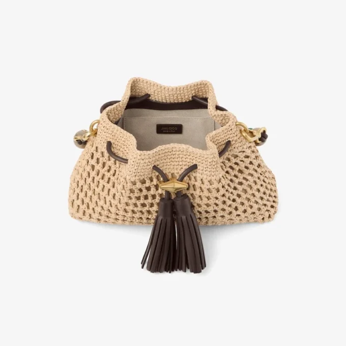 Cinch Small naturel en chocoladebruine gehaakte raffia schoudertas met gevlochten riem