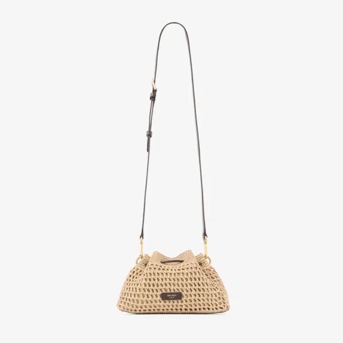 Cinch Small naturel en chocoladebruine gehaakte raffia schoudertas met gevlochten riem