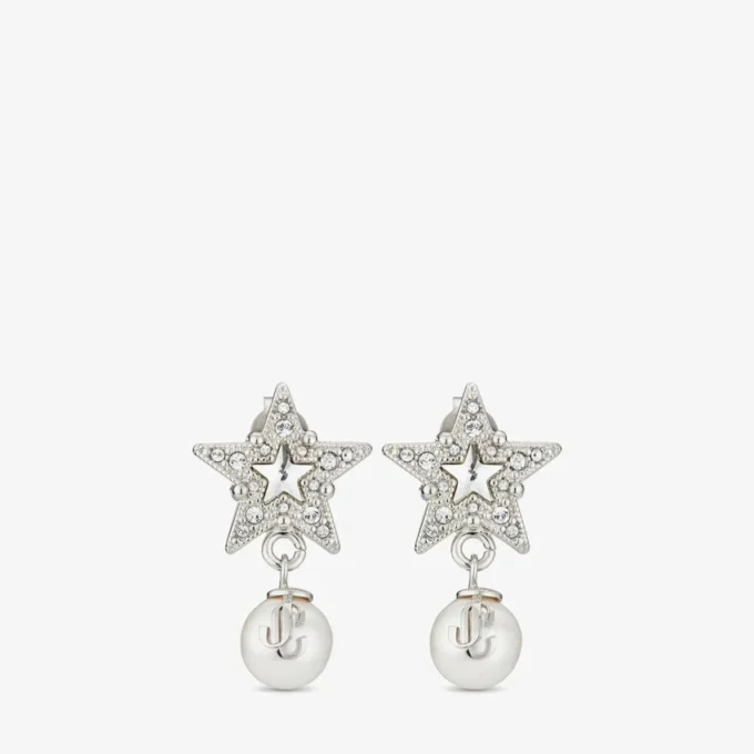 Crystal Star-oorbellen Oorbellen van metaal met zilveren afwerking, witte harsparels en kristallen Crystal Star-oorbellen Oorbellen van metaal met zilveren afwerking, witte harsparels en kristallen