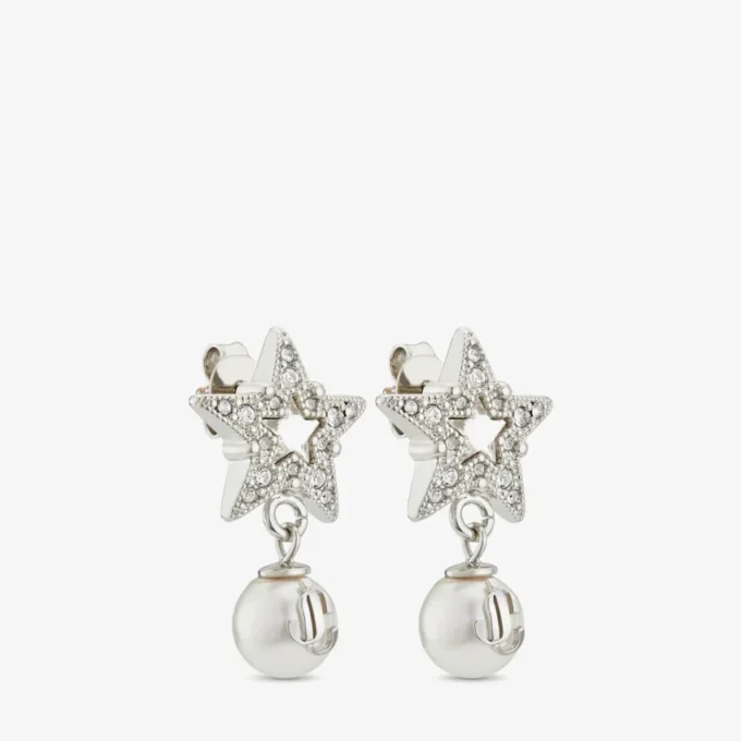 Crystal Star-oorbellen Oorbellen van metaal met zilveren afwerking, witte harsparels en kristallen Crystal Star-oorbellen Oorbellen van metaal met zilveren afwerking, witte harsparels en kristallen