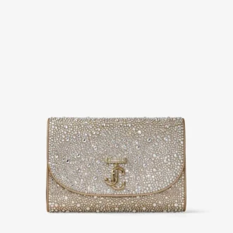 Curve Clutch Goudglanzende suède clutch met hotfix-kristallen