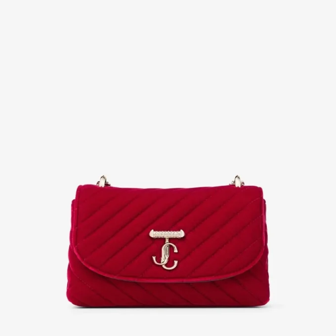 Curve Cross Body Small Robijnrode gewatteerde fluwelen crossbodytas met kristallen Jc-bar