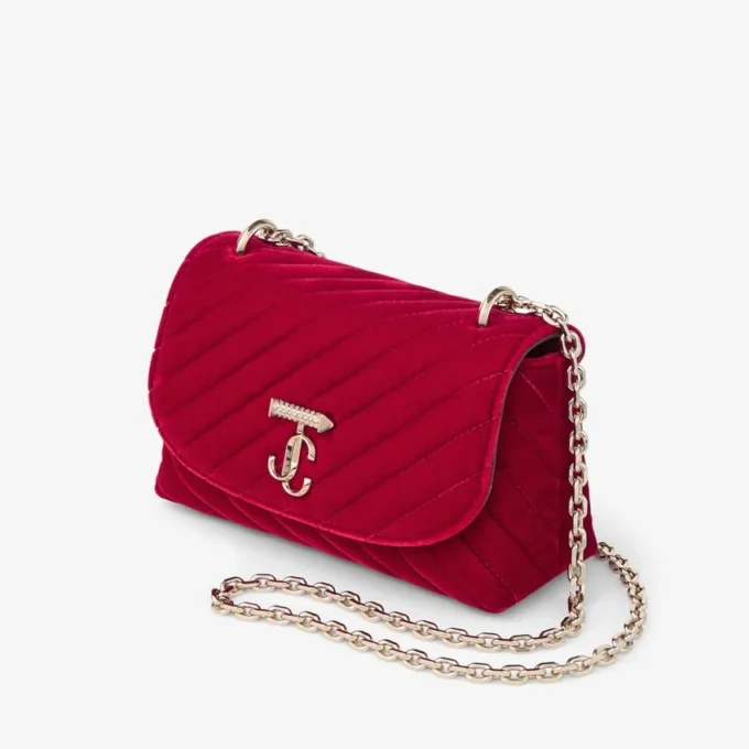 Curve Cross Body Small Robijnrode gewatteerde fluwelen crossbodytas met kristallen Jc-bar