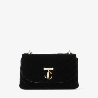 Curve Cross Body Small Zwarte gewatteerde fluwelen crossbodytas met Crystal Jc-bar