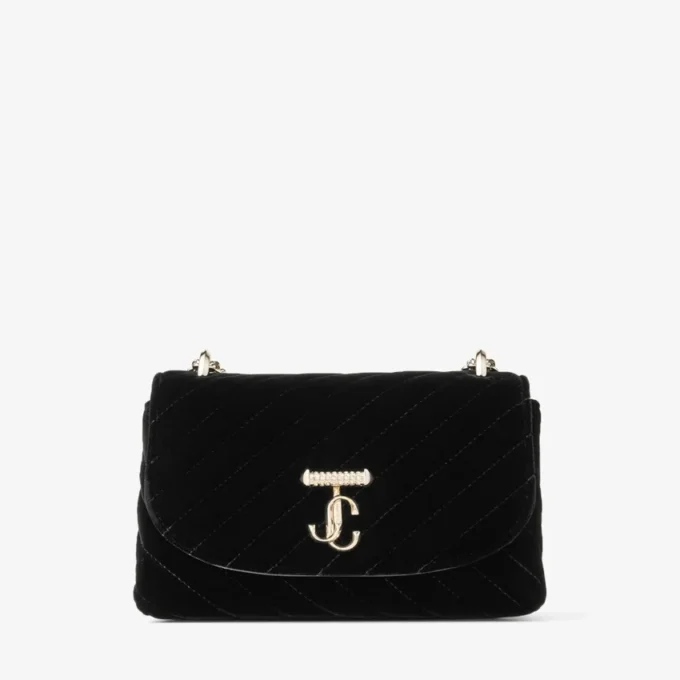 Curve Cross Body Small Zwarte gewatteerde fluwelen crossbodytas met Crystal Jc-bar