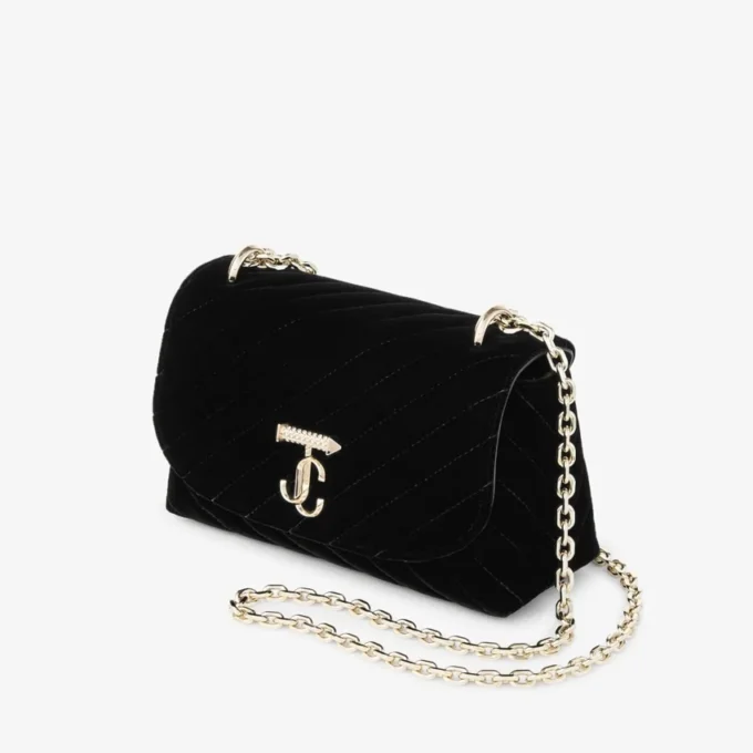 Curve Cross Body Small Zwarte gewatteerde fluwelen crossbodytas met Crystal Jc-bar