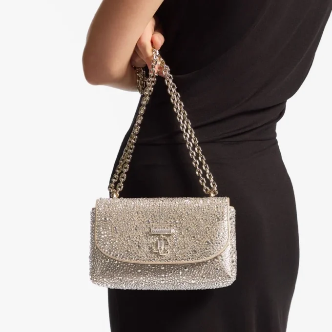Curve Crossbody Small Goudglanzende suède crossbodytas met hotfix-kristallen Curve Crossbody Small Goudglanzende suède crossbodytas met hotfix-kristallen