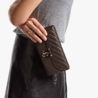 Curve-portemonnee met ketting Chocoladebruine gewatteerde Biker-leren portemonnee met ketting