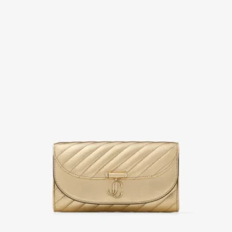 Curve-portemonnee met ketting Glanzend goudkleurige, gewatteerde metallic leren clutch