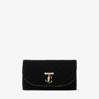 Curve-portemonnee met ketting Zwarte mini-tas van gewatteerd fluweel met Jc-bar met kristallen