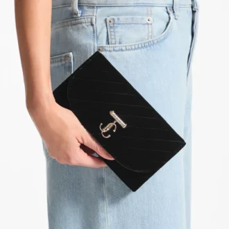Curve-portemonnee met ketting Zwarte mini-tas van gewatteerd fluweel met Jc-bar met kristallen