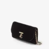 Curve-portemonnee met ketting Zwarte mini-tas van gewatteerd fluweel met Jc-bar met kristallen Curve-portemonnee met ketting Zwarte mini-tas van gewatteerd fluweel met Jc-bar met kristallen