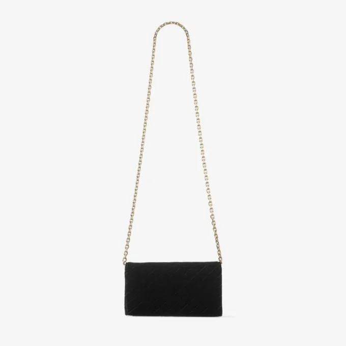 Curve-portemonnee met ketting Zwarte mini-tas van gewatteerd fluweel met Jc-bar met kristallen Curve-portemonnee met ketting Zwarte mini-tas van gewatteerd fluweel met Jc-bar met kristallen